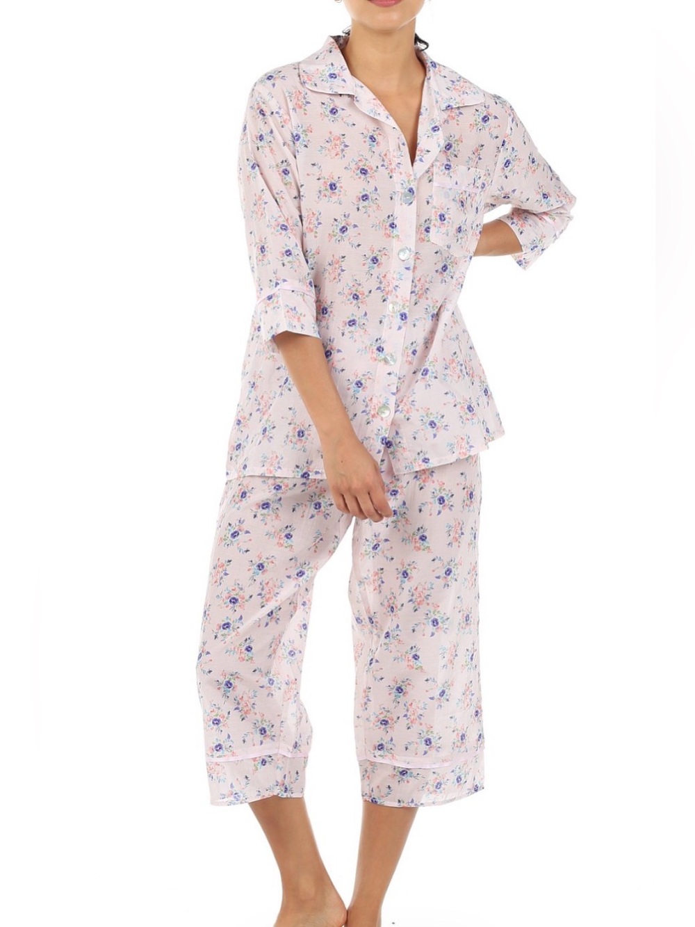 Nwt papinelle luxury iggy pajamas silk and cotton pink floral 3/4 cropped